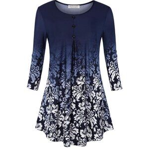 ✨ BAISHENGGT 3/4 Sleeve Pleated Tunic – Dark Blue Floral,  Size XXL✨
